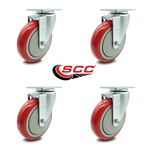 Service Caster 5 Inch Red Polyurethane Wheel Swivel Top Plate Caster Set SCC-20S514-PPUB-RED-TP2-4 - main